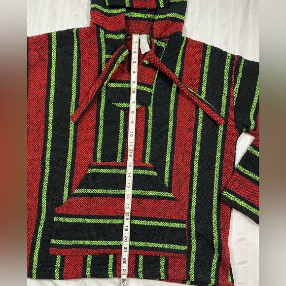 Vintage Mexican Baja Hoodie Pullover Striped Woven Sweater – Red Black Green - Picture 6 of 12
